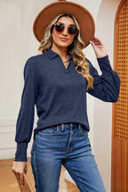 Decorative Button Johnny Collar Lantern Sleeve Blouse (3)