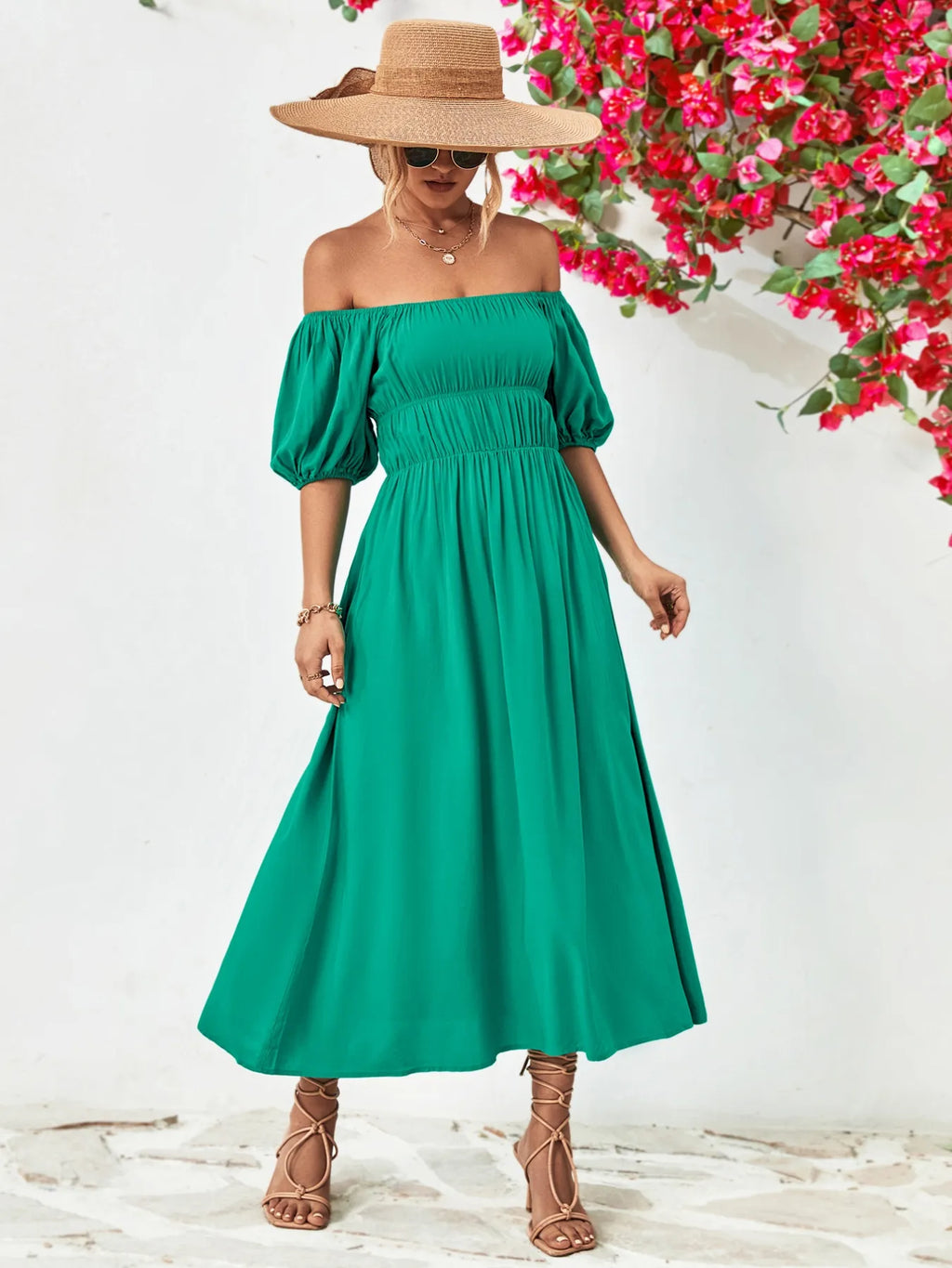 Off-shoulder Puff Sleeve Smocked Maxi Dress (5)