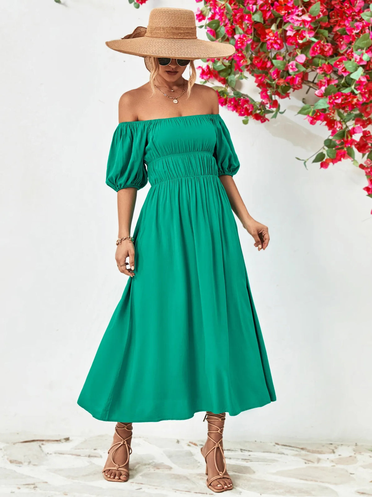 Off-shoulder Puff Sleeve Smocked Maxi Dress (5)