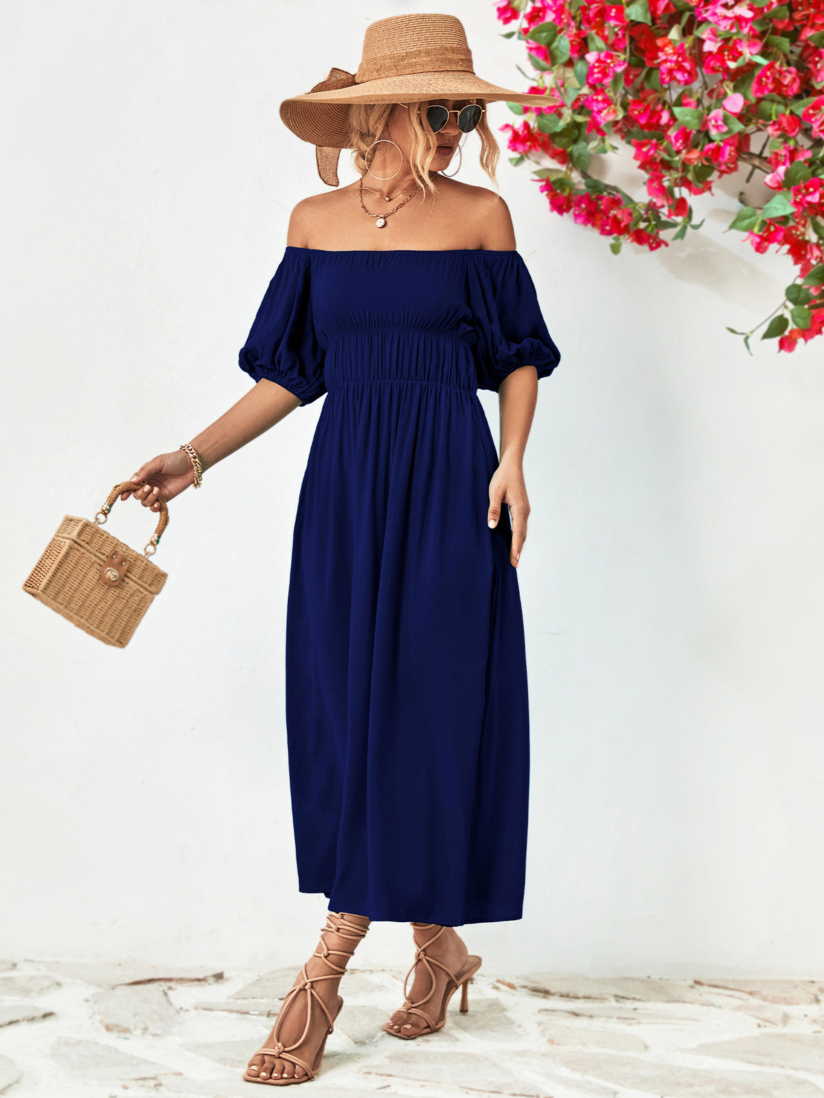Off-shoulder Balloon Sleeve Midi Dress (10)