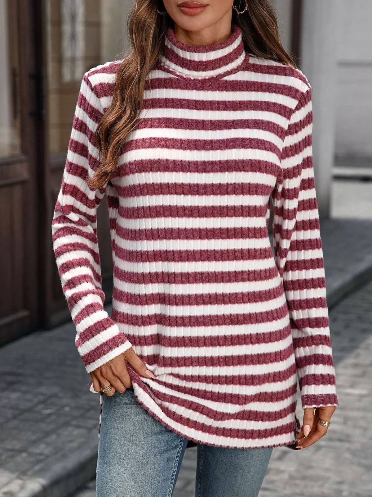 Striped Turtleneck Long Sleeve Knit Top (15)