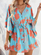 Block Drawstring Waist Button Up Dress (20)