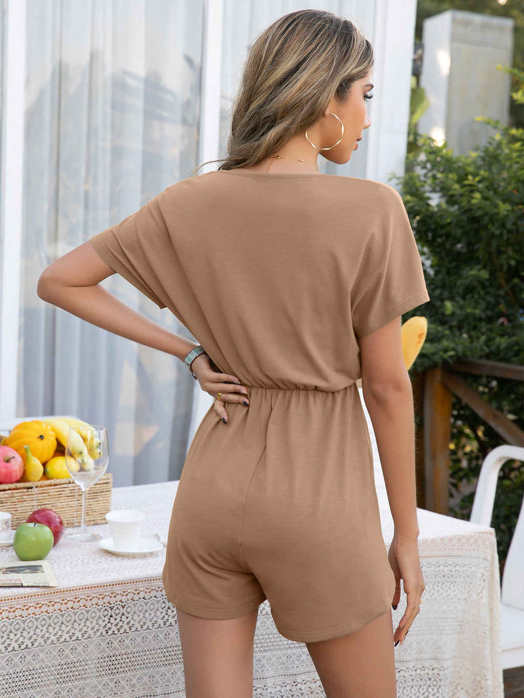 Decorative Button Round Neck Short Sleeve Romper (9)