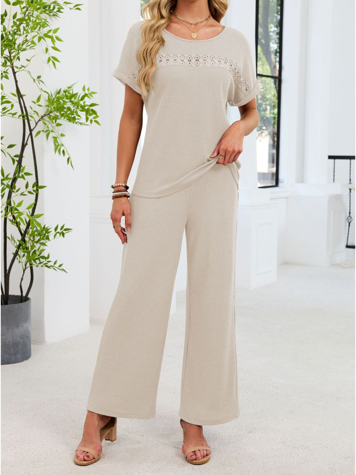 Lace Detail Short Sleeve Top Pants Set (9)
