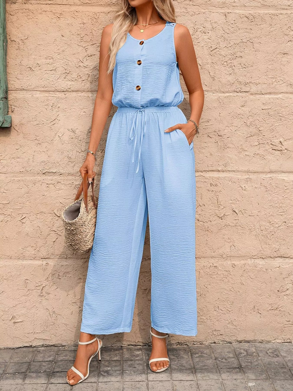Sleeveless Button-front Wide Leg Jumpsuit (15)