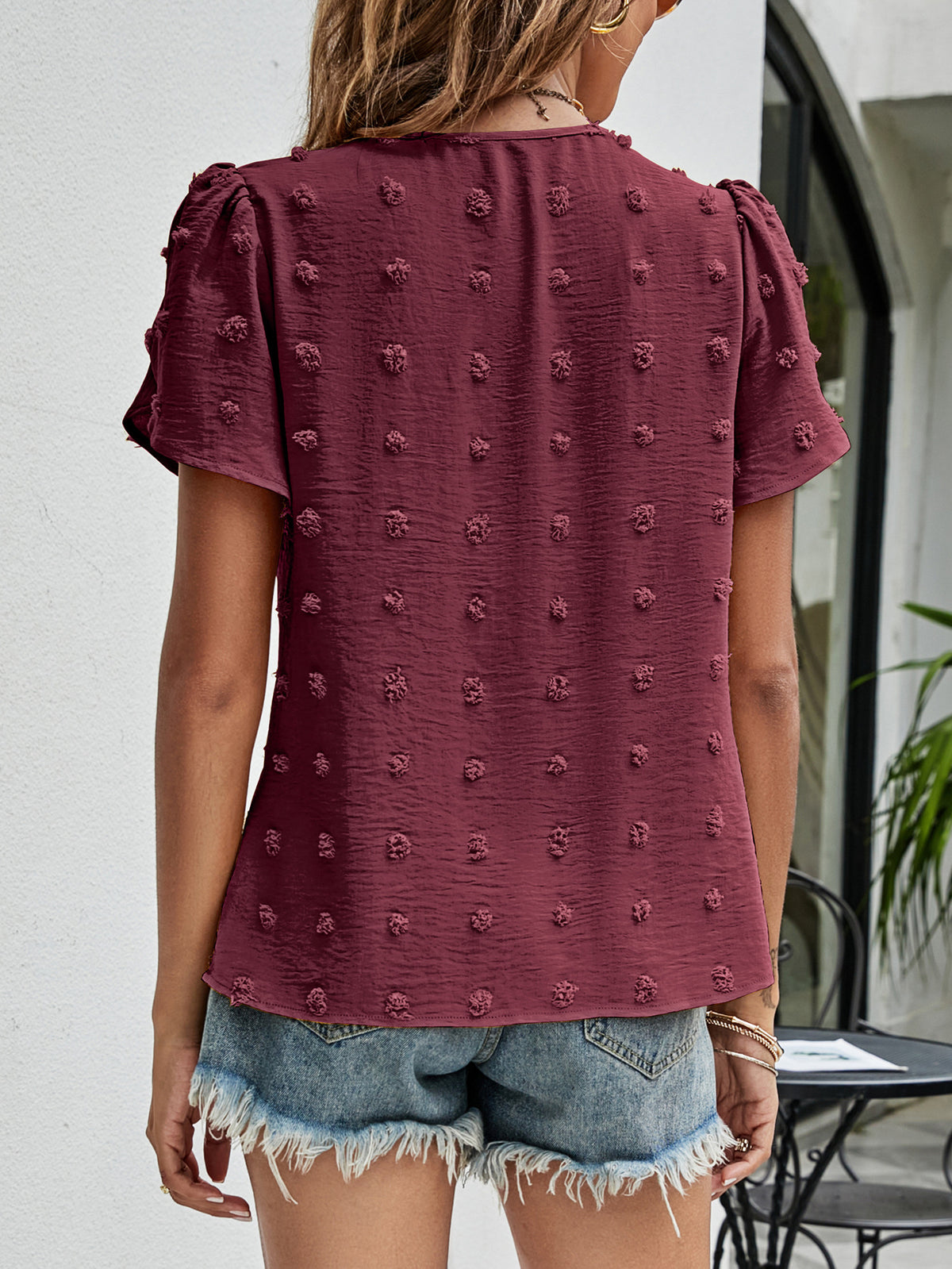 Swiss Dot Round Neck Petal Sleeve Top (30)