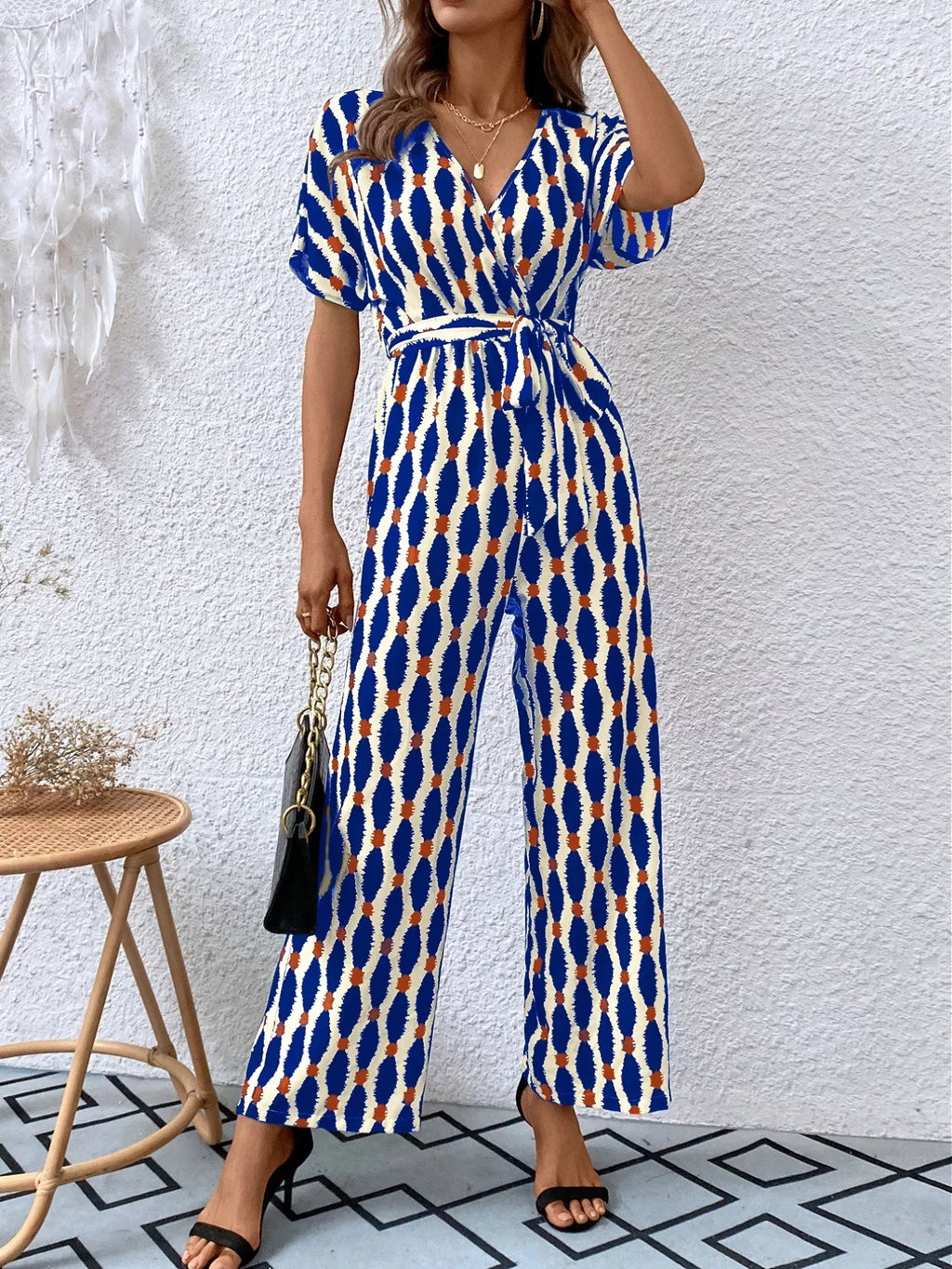 Printed Surplice Tie Waist Short Sleeve Jumpsuit (11)
