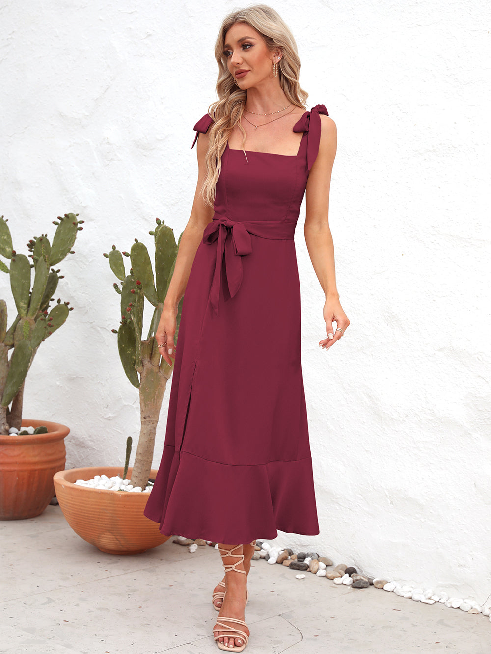 Square Neck Tie Strap Midi Dress (7)