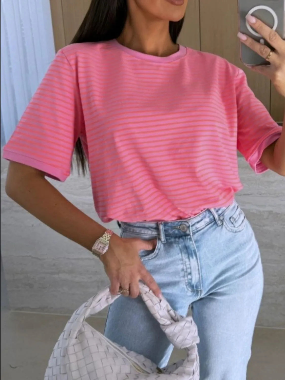 Striped Round Neck Short Sleeve T-shirt (15)