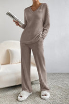 Ribbed V-neck Top Pants Set (3)