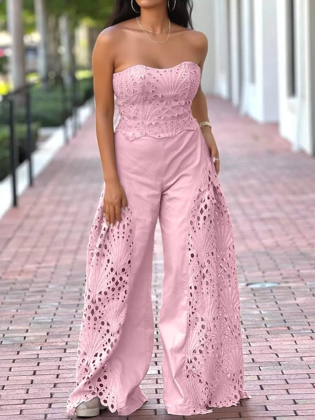 Hollow-out Tube Top Pants Two-piece Set (2)