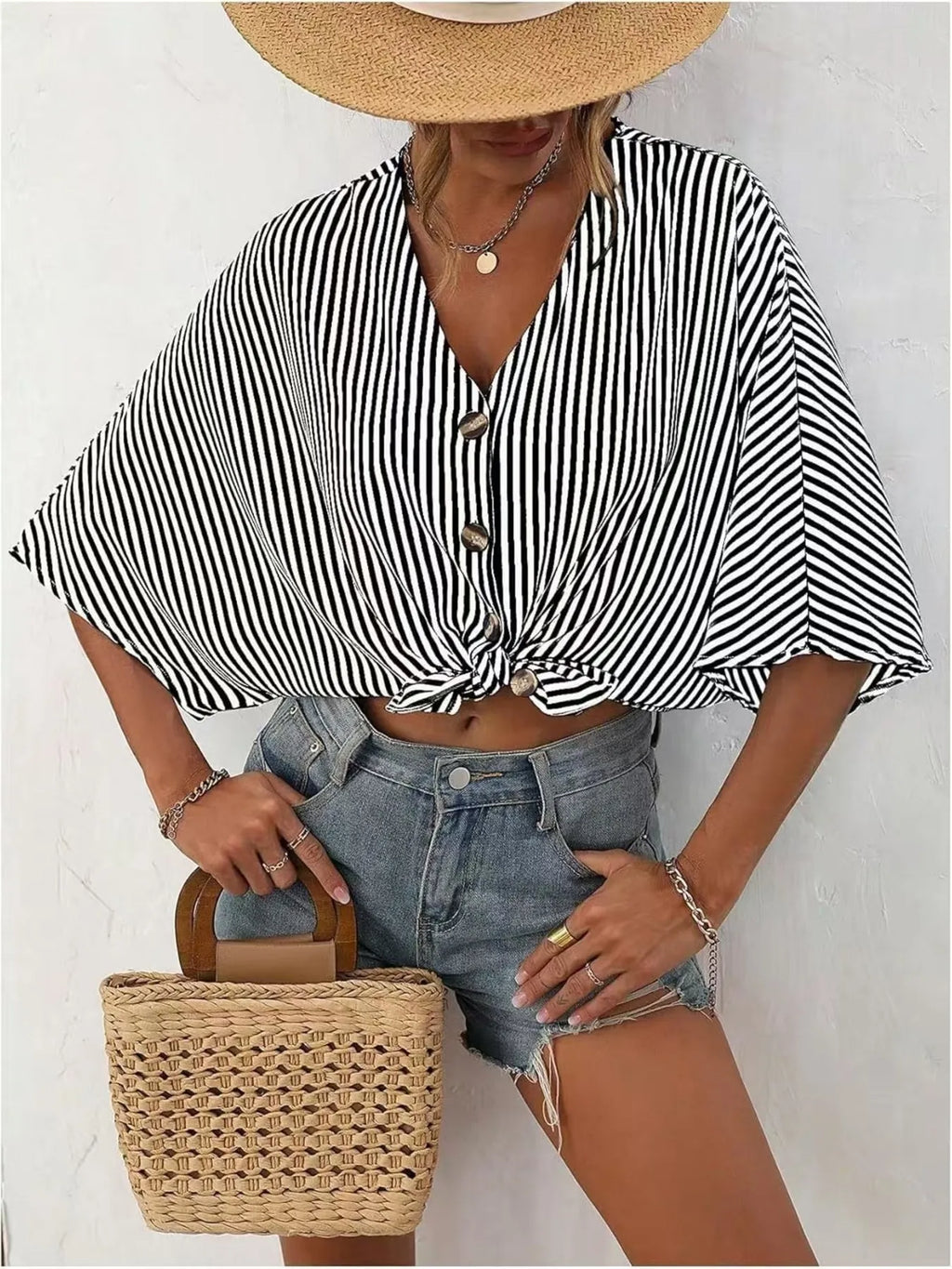 V-neck Striped Batwing Sleeve Casual Blouse (2)
