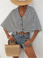 V-neck Striped Batwing Sleeve Casual Blouse (2)