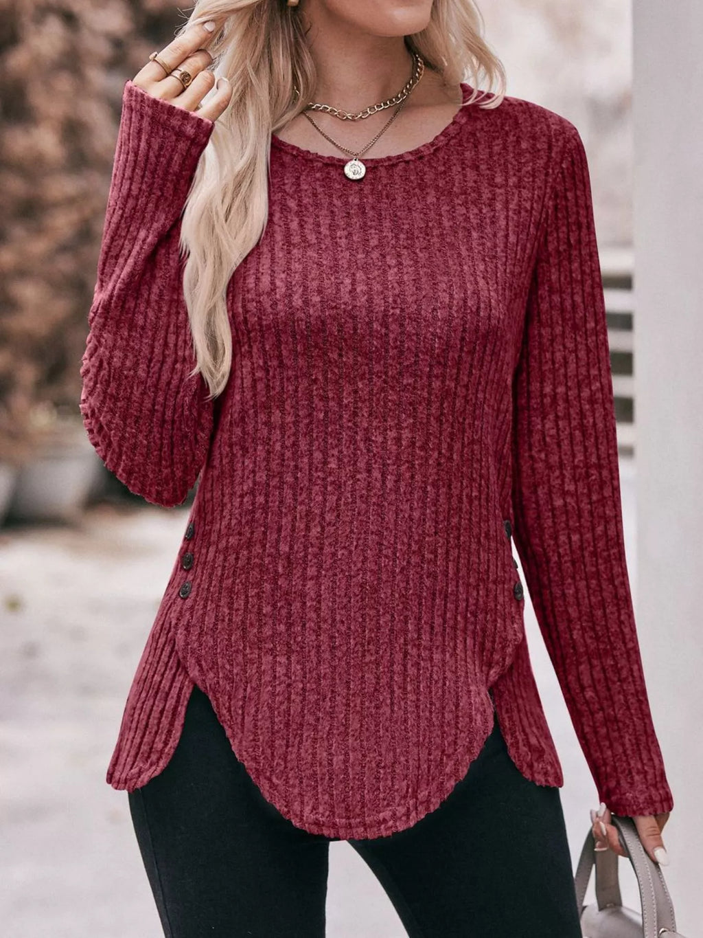 Ribbed Knit Long Sleeve T-shirt (19)