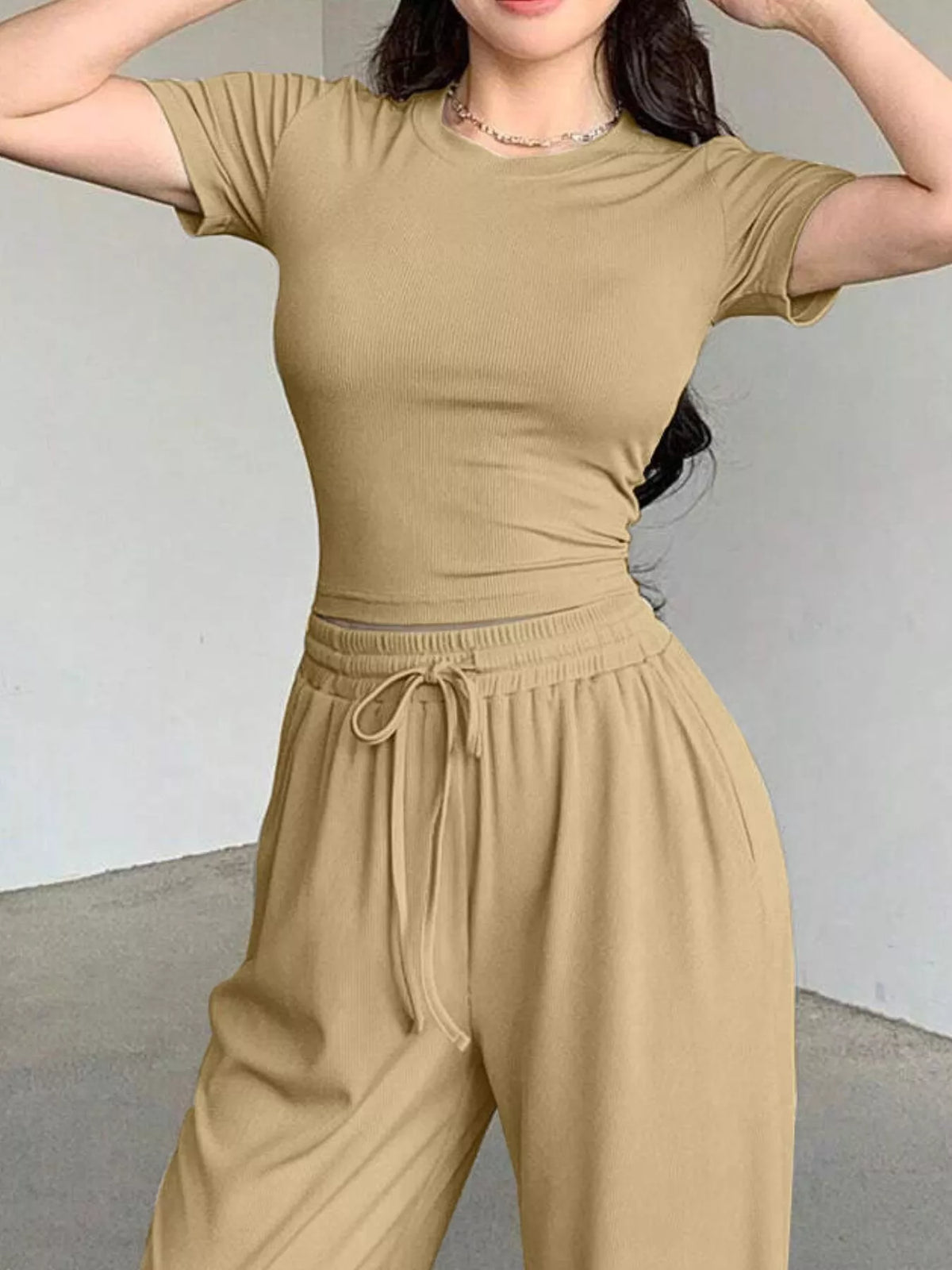 Solid Color Short Sleeve Crop Top Wide Leg Pants Set (5)