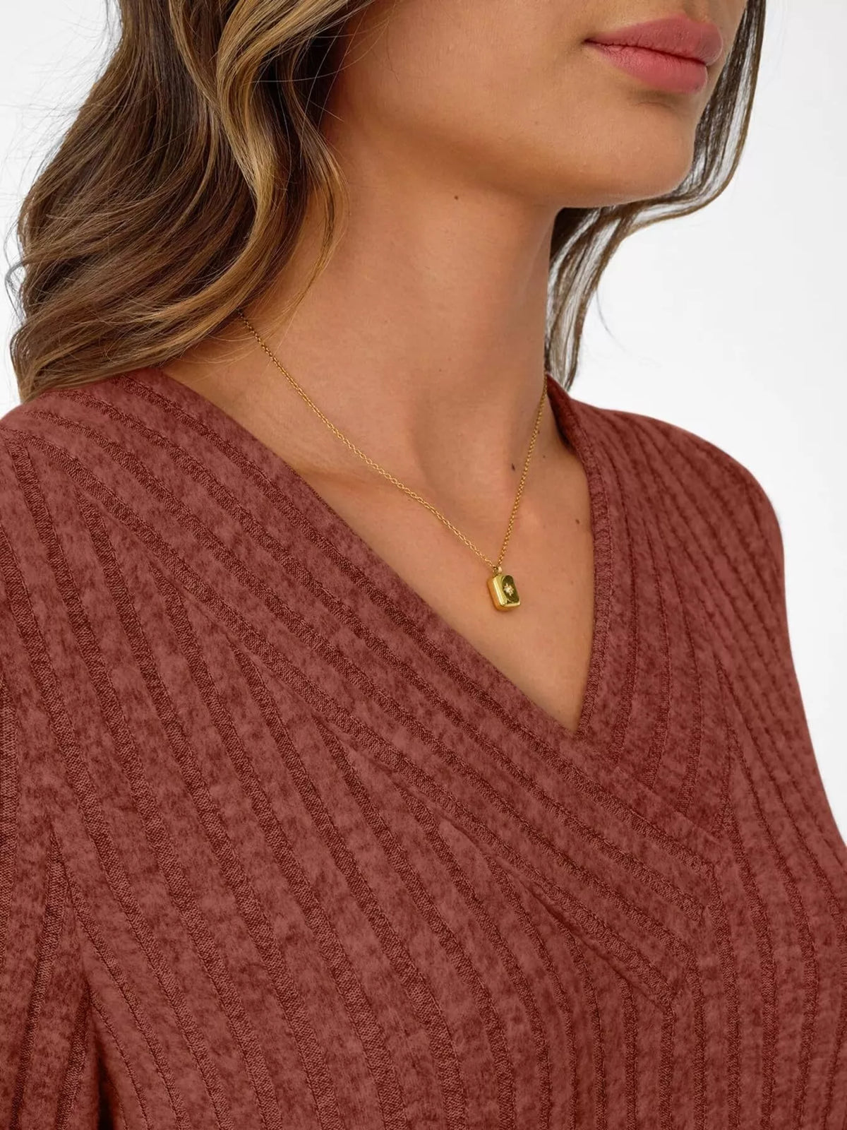 Ribbed Knit V-neck Long Sleeve T-shirt (21)