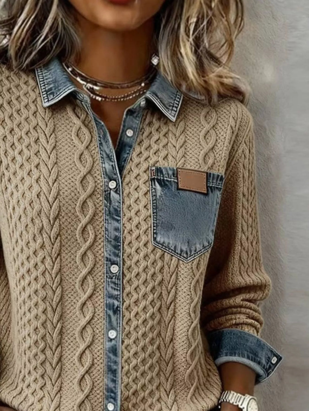 Denim Trim Cable Knit Cardigan (4)