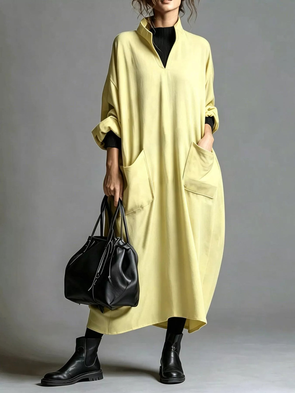 Full Size Loose-fit Mock Neck Midi Dress Pockets Plus (26)