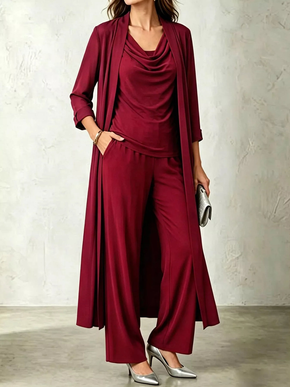 Full Size Cowl Neck Top Cardigan Pants Set Plus (13)