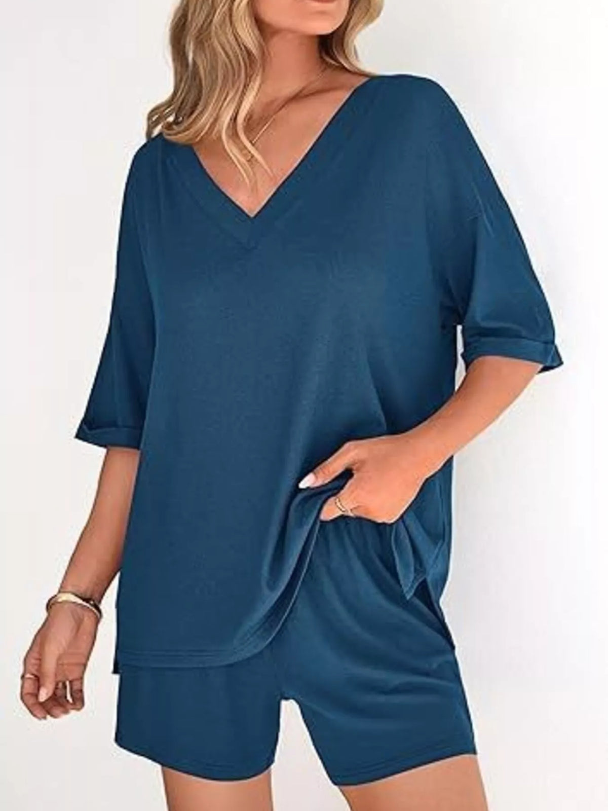 Solid Color V-neck Shorts Set (3)
