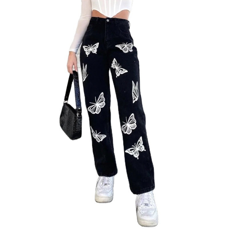 Butterfly Print High-waisted Straight-leg Jeans variant CJNSXZNZ01843-Black-M|CJNSXZNZ01843-Black-L|CJNSXZNZ01843-Black-S