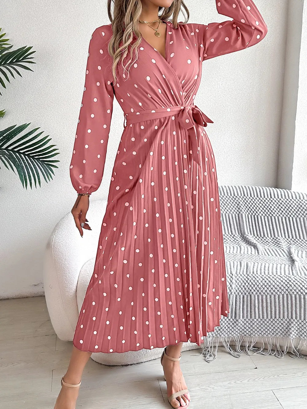Tied Polka Dot Long Sleeve Midi Dress (5)