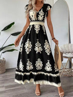 Printed V-neck Ruffled Cap Sleeve Dress (8)