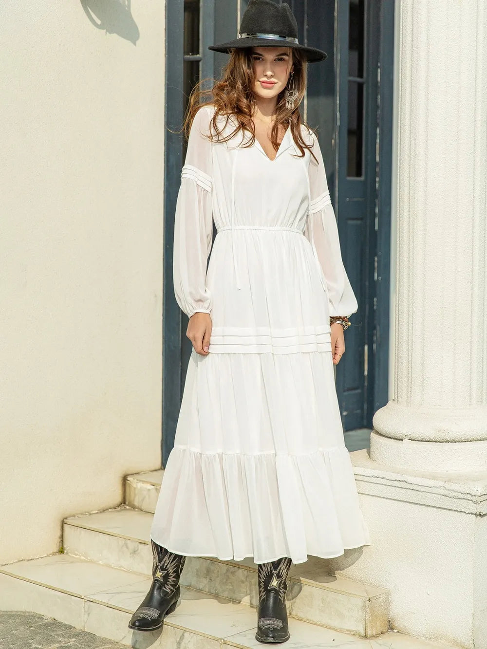 Tie Neck Long Sleeve Midi Tiered Dress (13)