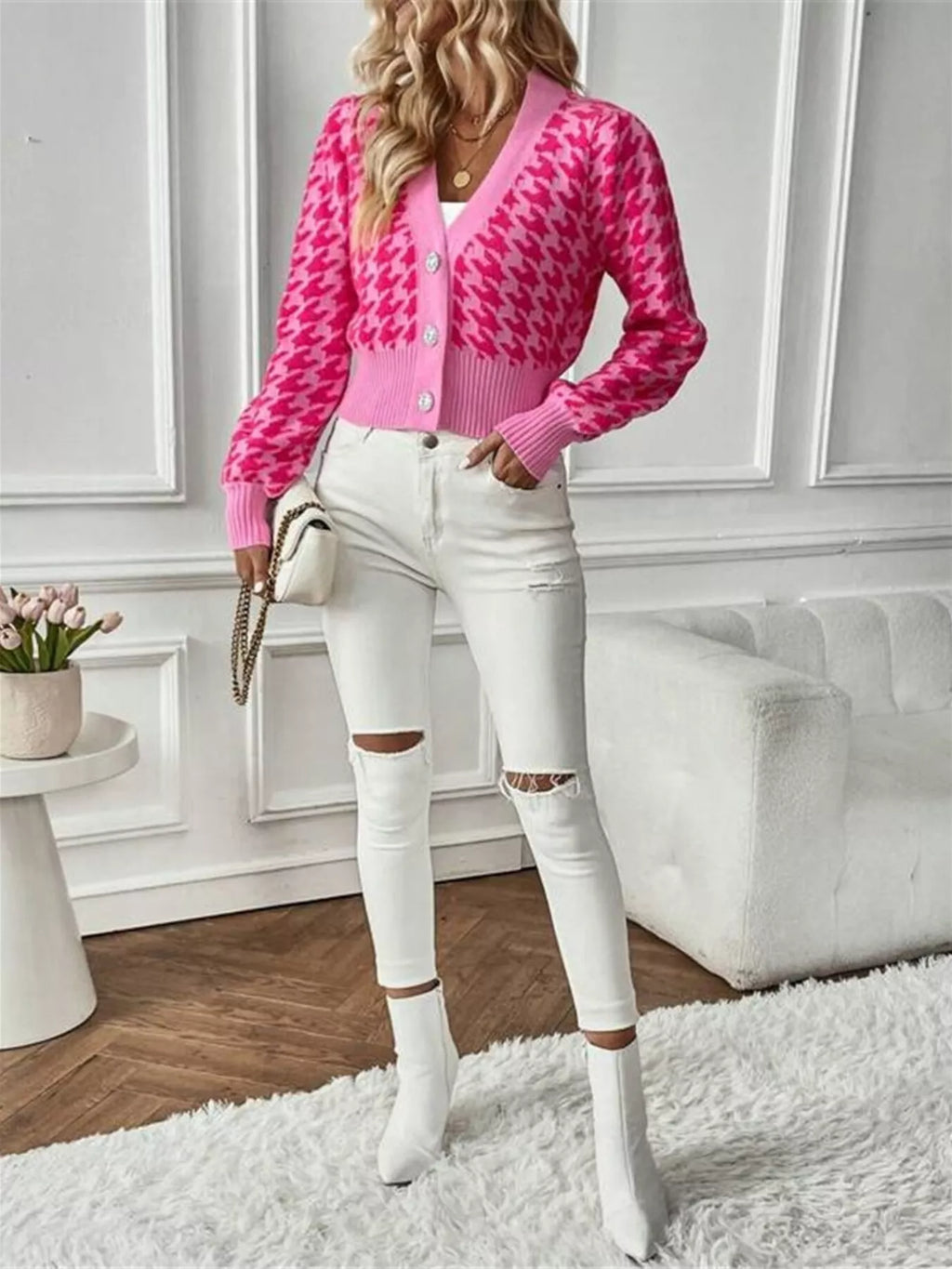 Houndstooth V-neck Button Up Cardigan (21)