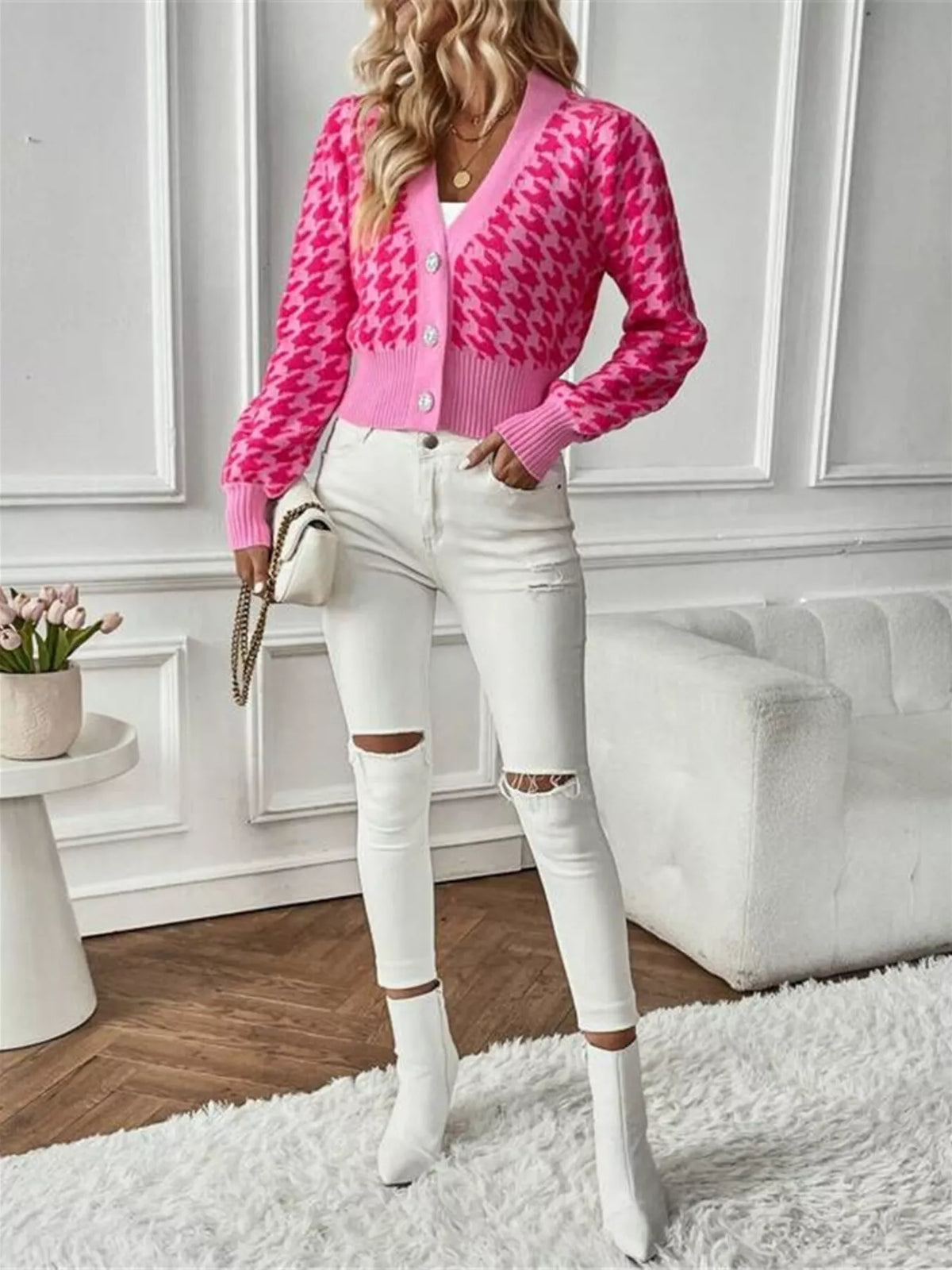 Houndstooth V-neck Button Up Cardigan (21)