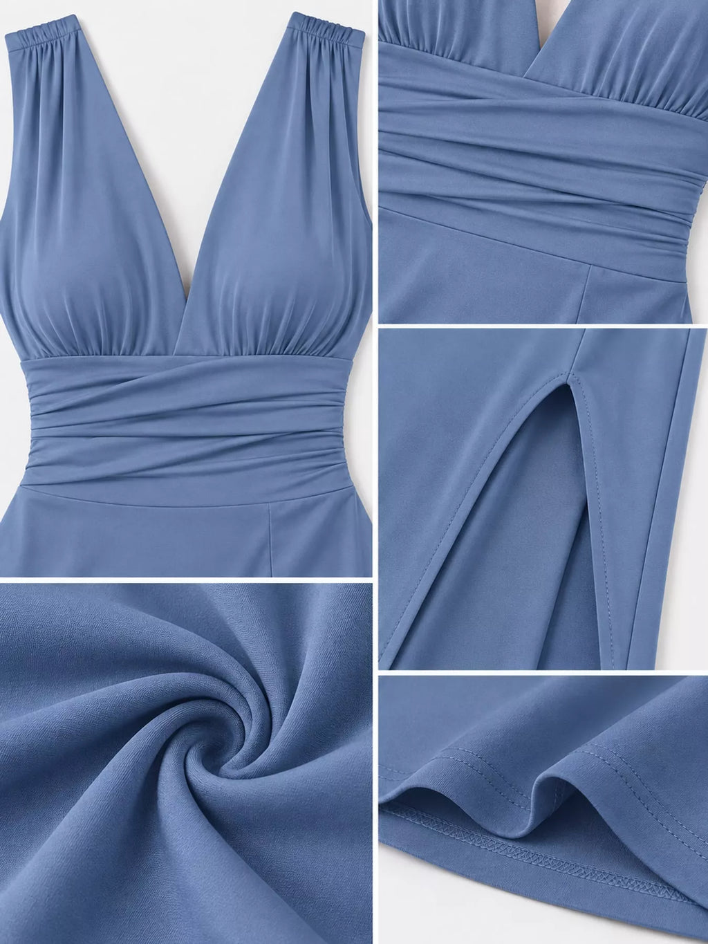 Sleeveless Deep V-neck Ruched High Slit Bodycon Dress (16)