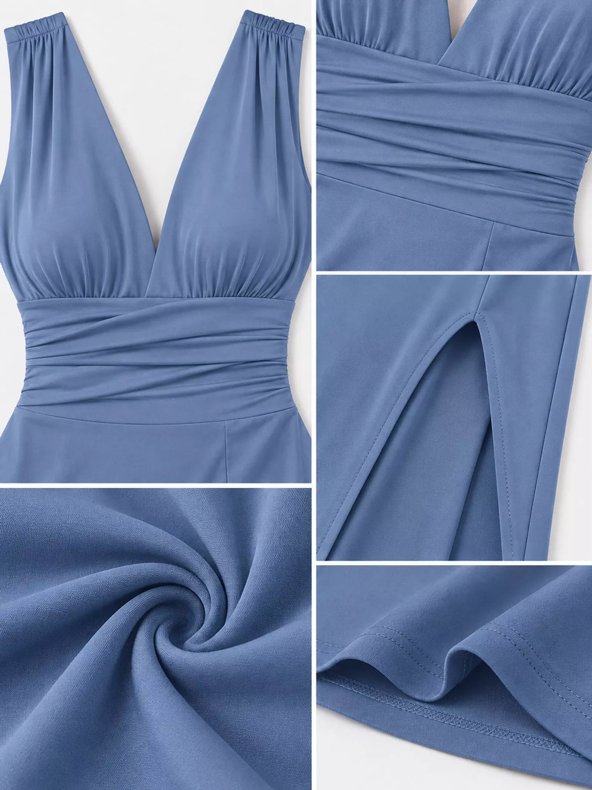 Sleeveless Deep V-neck Ruched High Slit Bodycon Dress (16)