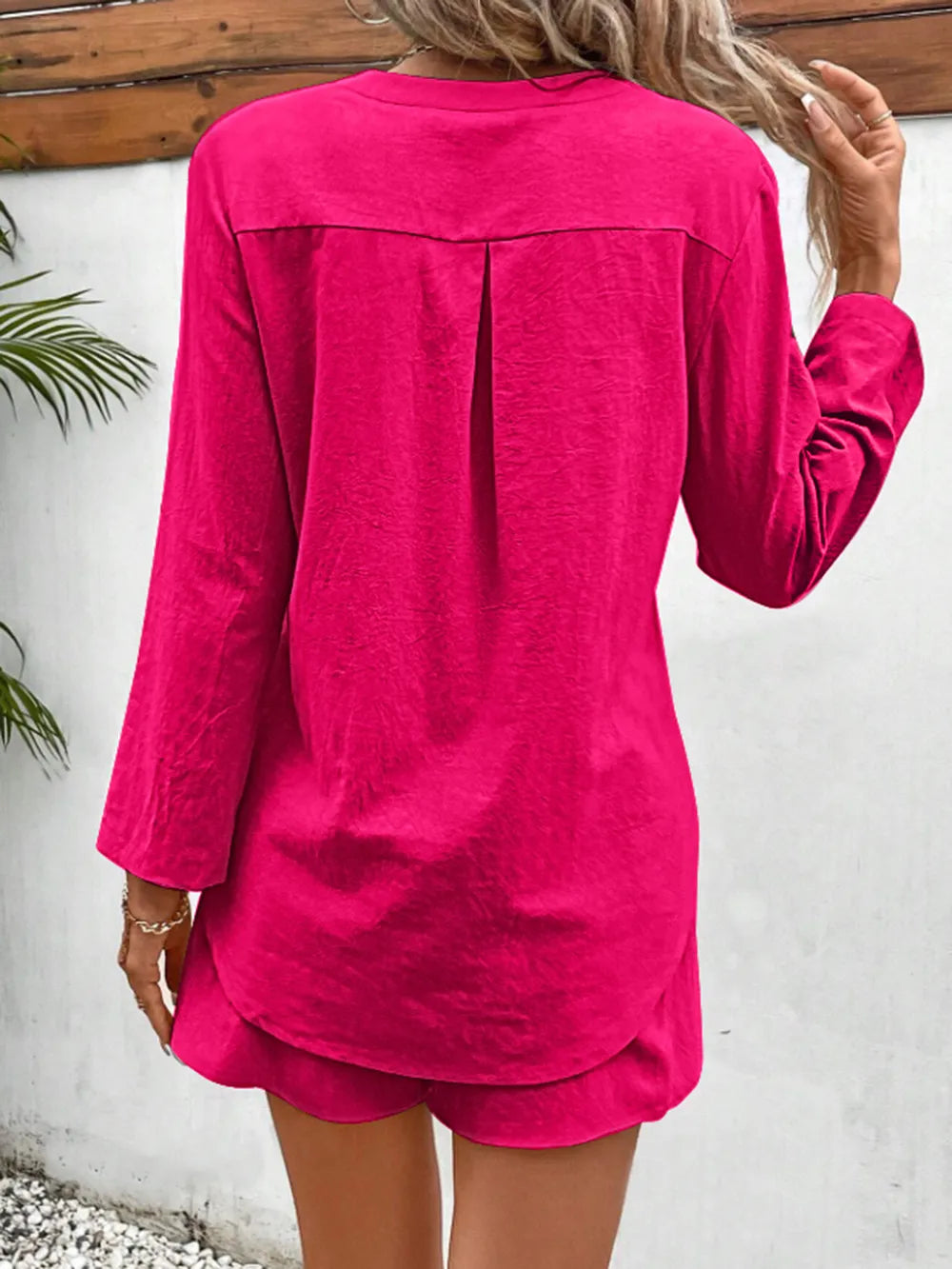 Notched Long Sleeve Top Shorts Set (16)