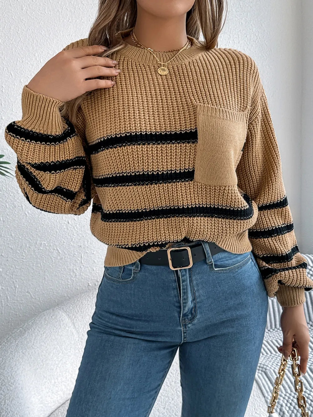 Striped Round Neck Long Sleeve Sweater (14)