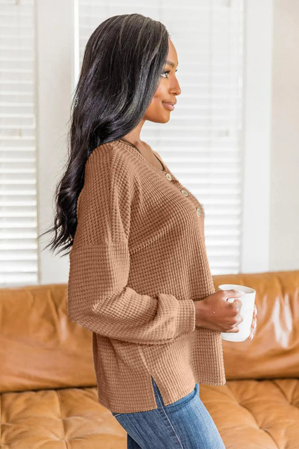 Slit Waffle Knit Long Sleeve T-shirt (5)