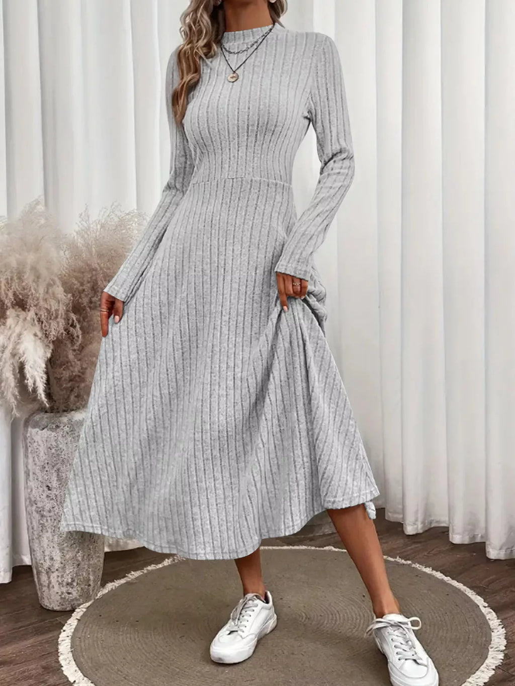 Ribbed Knit Long Sleeve Midi Dress (13)