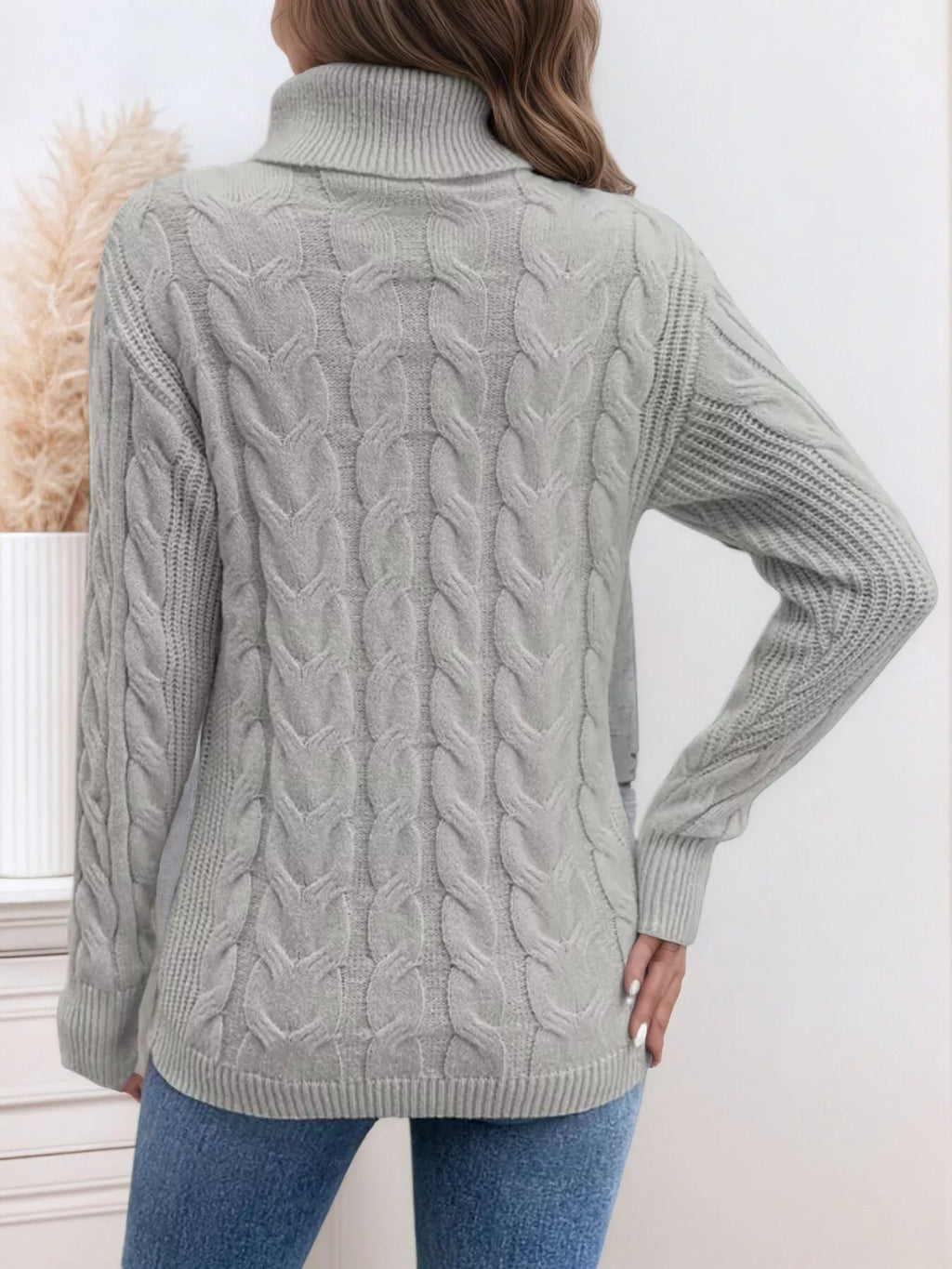 Cable Knit Turtleneck Long Sleeve Sweater (15)