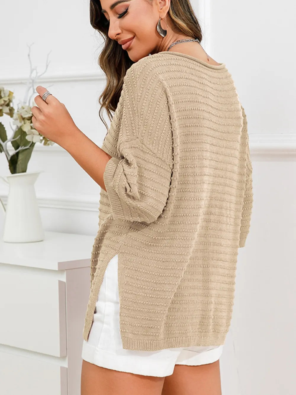 Rolled Round Neck Dropped Shoulder Slit Sweater (13)