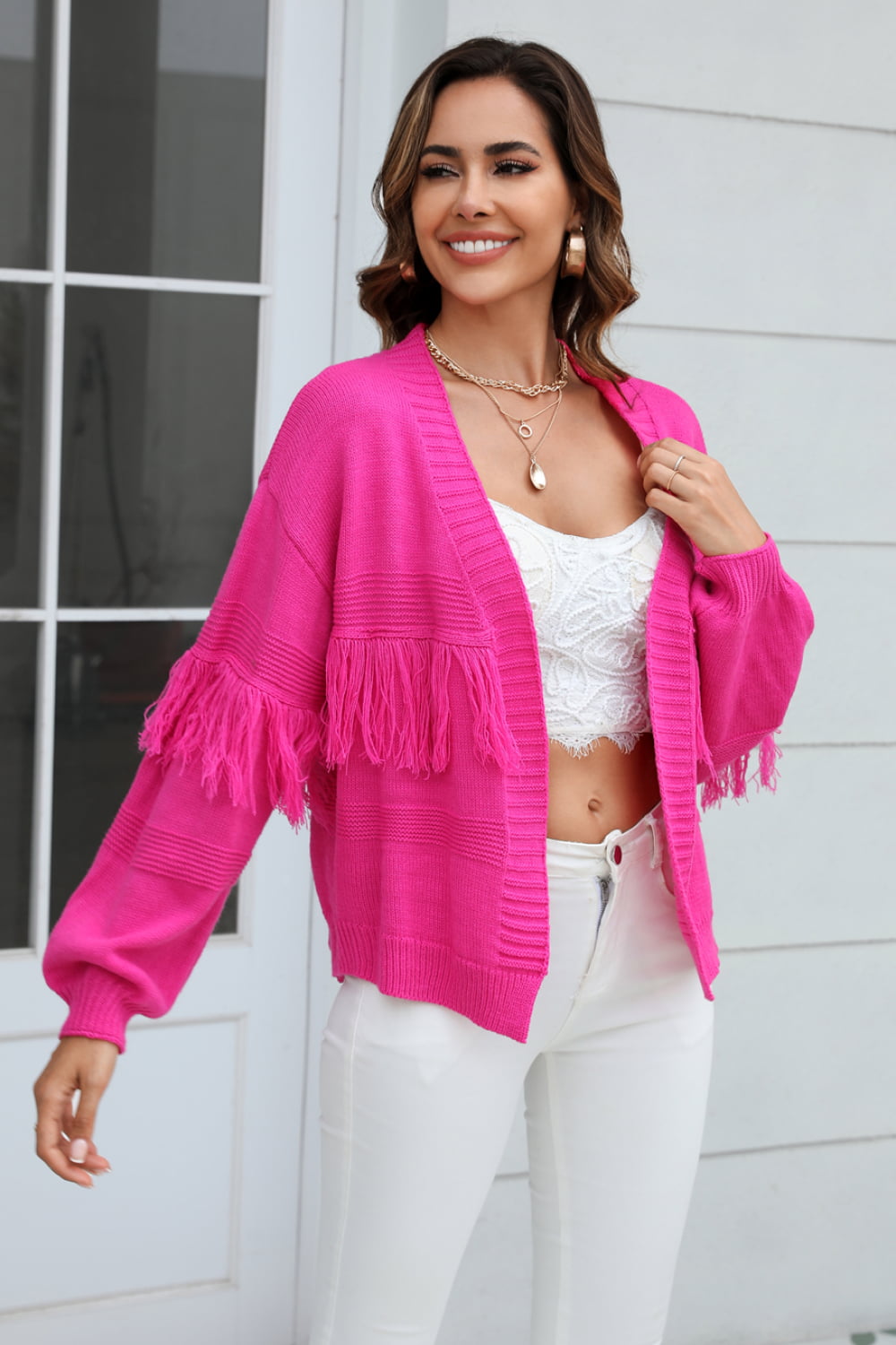 Fringe Trim Open Front Cardigan (9)