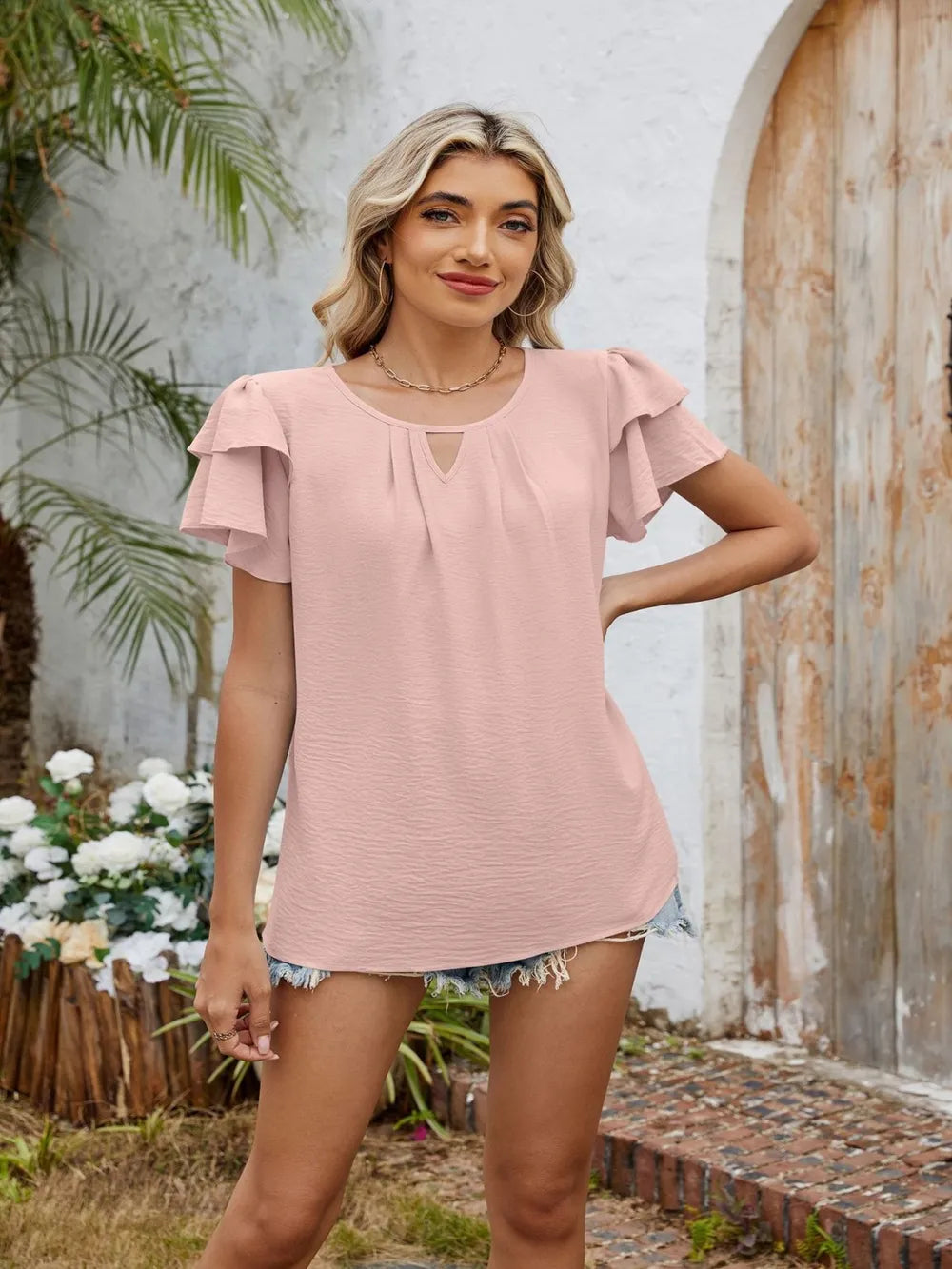 Cutout Round Neck Short Sleeve Blouse (14)