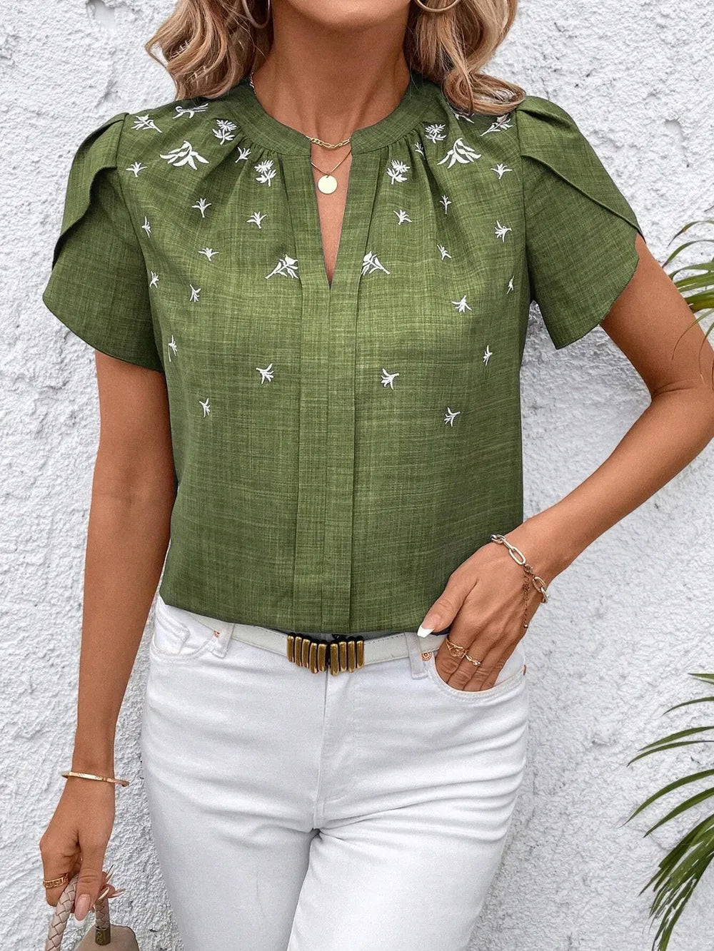 Floral Notched Short Sleeve Blouse (6)