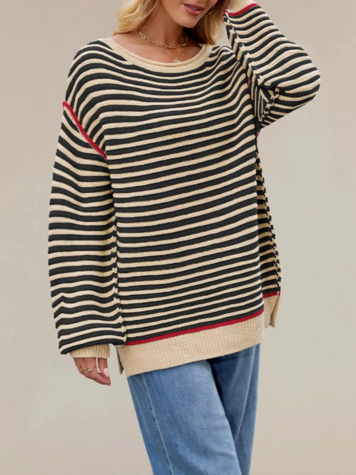Oversized Striped Dropped Shoulder Sweater (5)