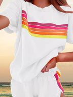 Rainbow Striped Round Neck Top Shorts Set (21)