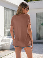 Decorative Button Round Neck Cold Shoulder T-shirt (12)
