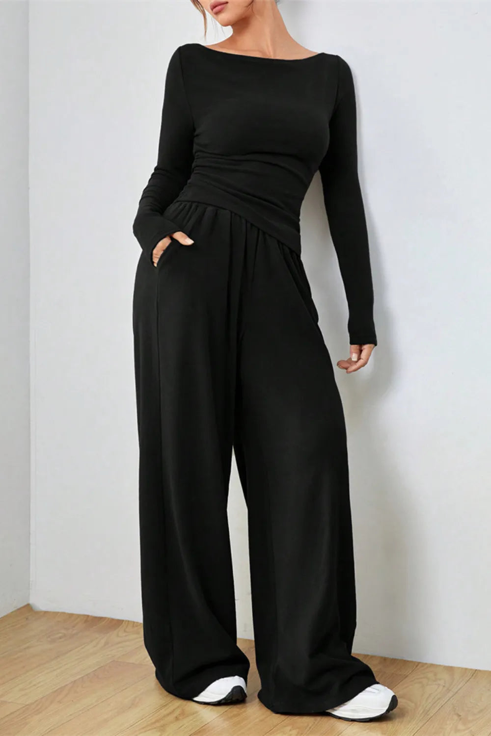 Boat Neck Long Sleeve Top Pants Set (16)