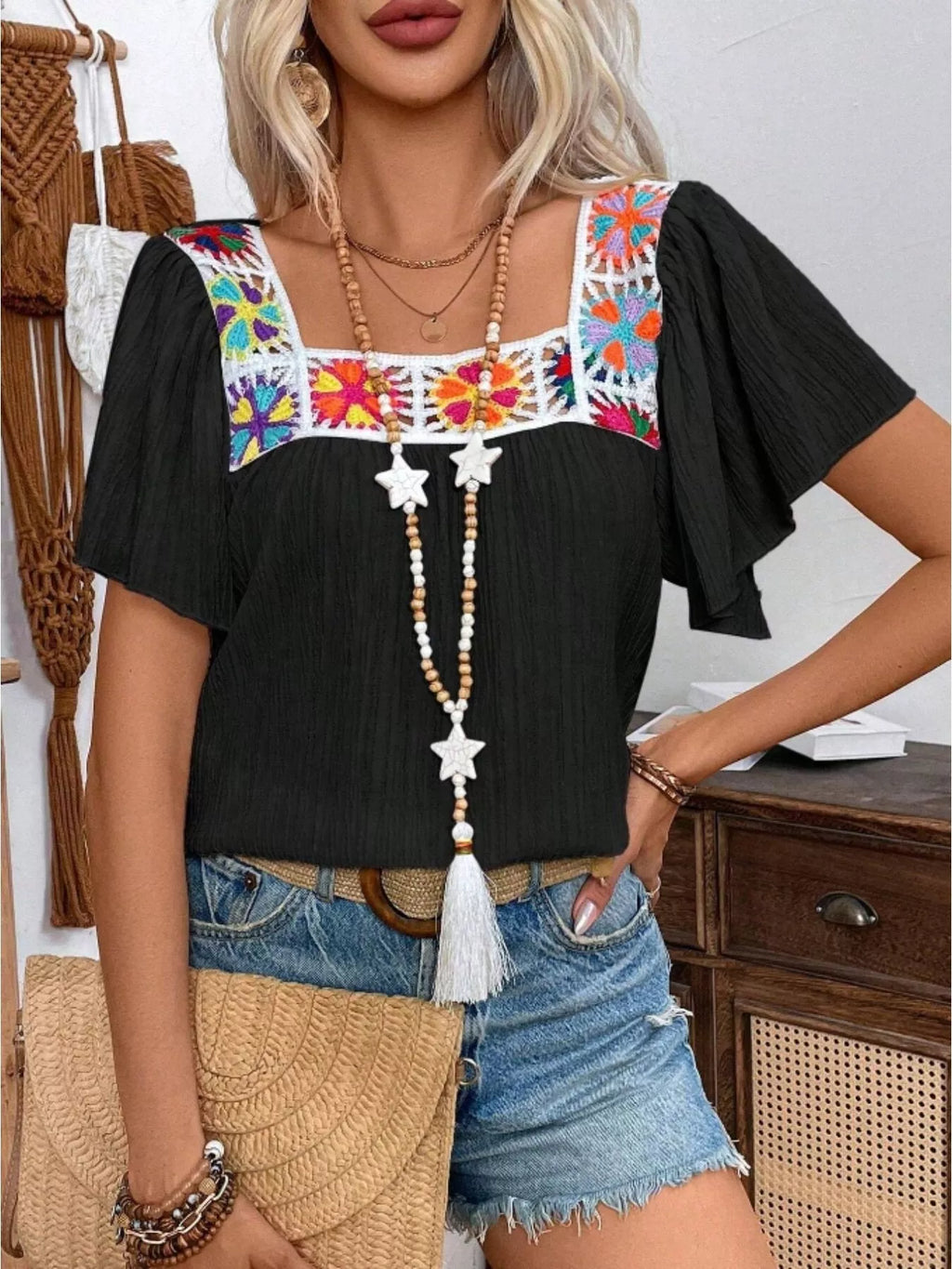 Embroidered Square Neck Flutter Sleeve Blouse (9)