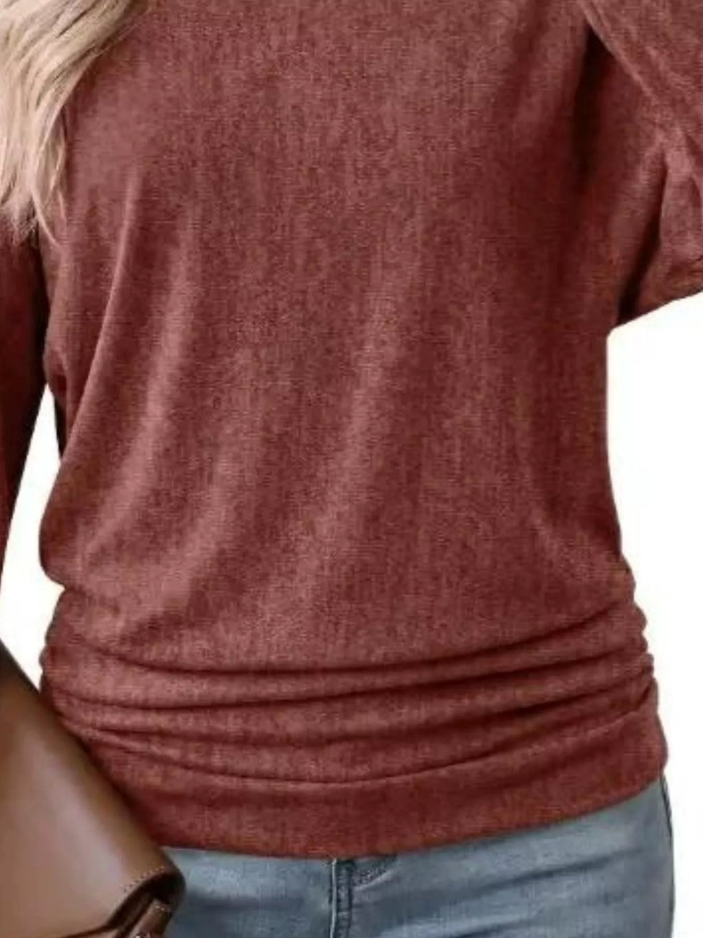 Long Sleeve Crew Neck Casual T-shirt Ruched Hem (16)
