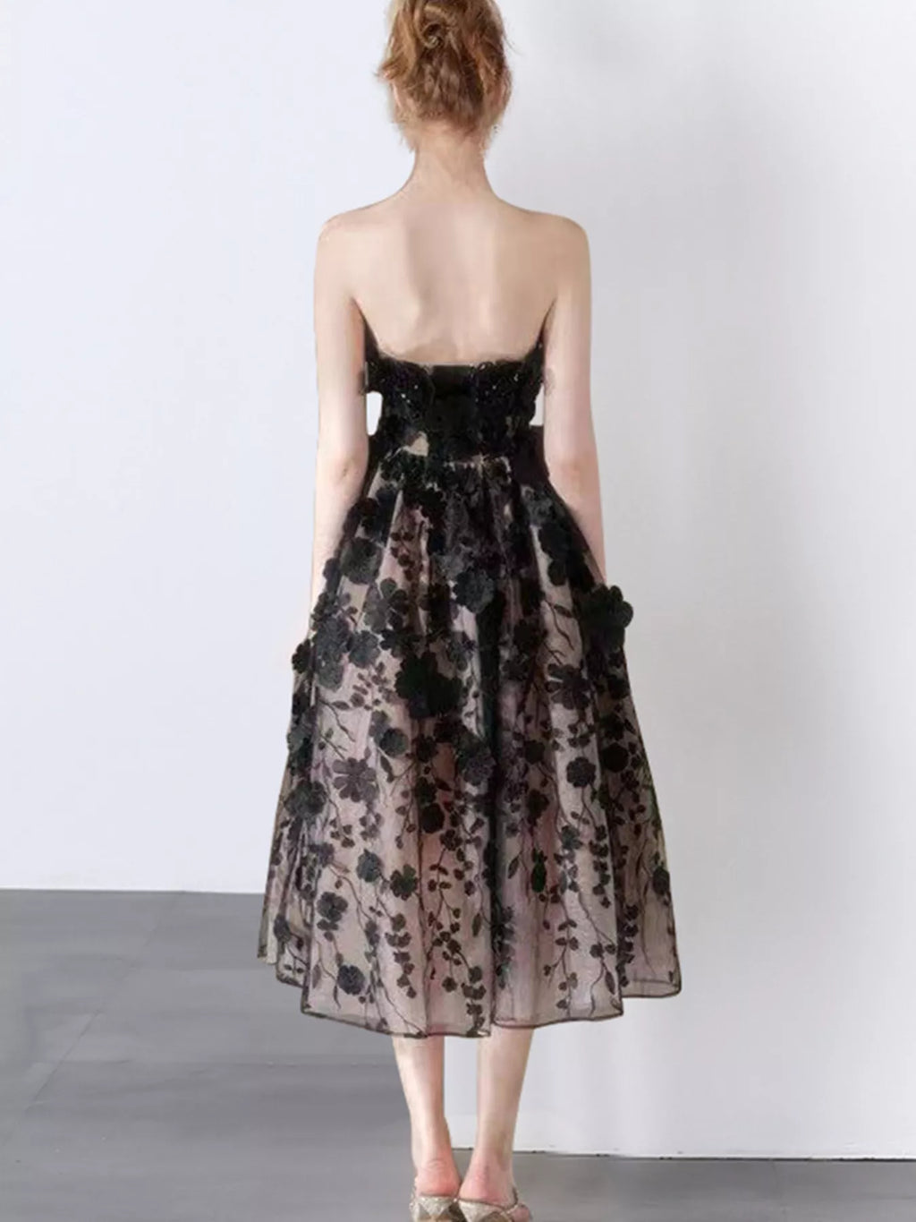 Strapless Floral Applique Midi Dress (3)