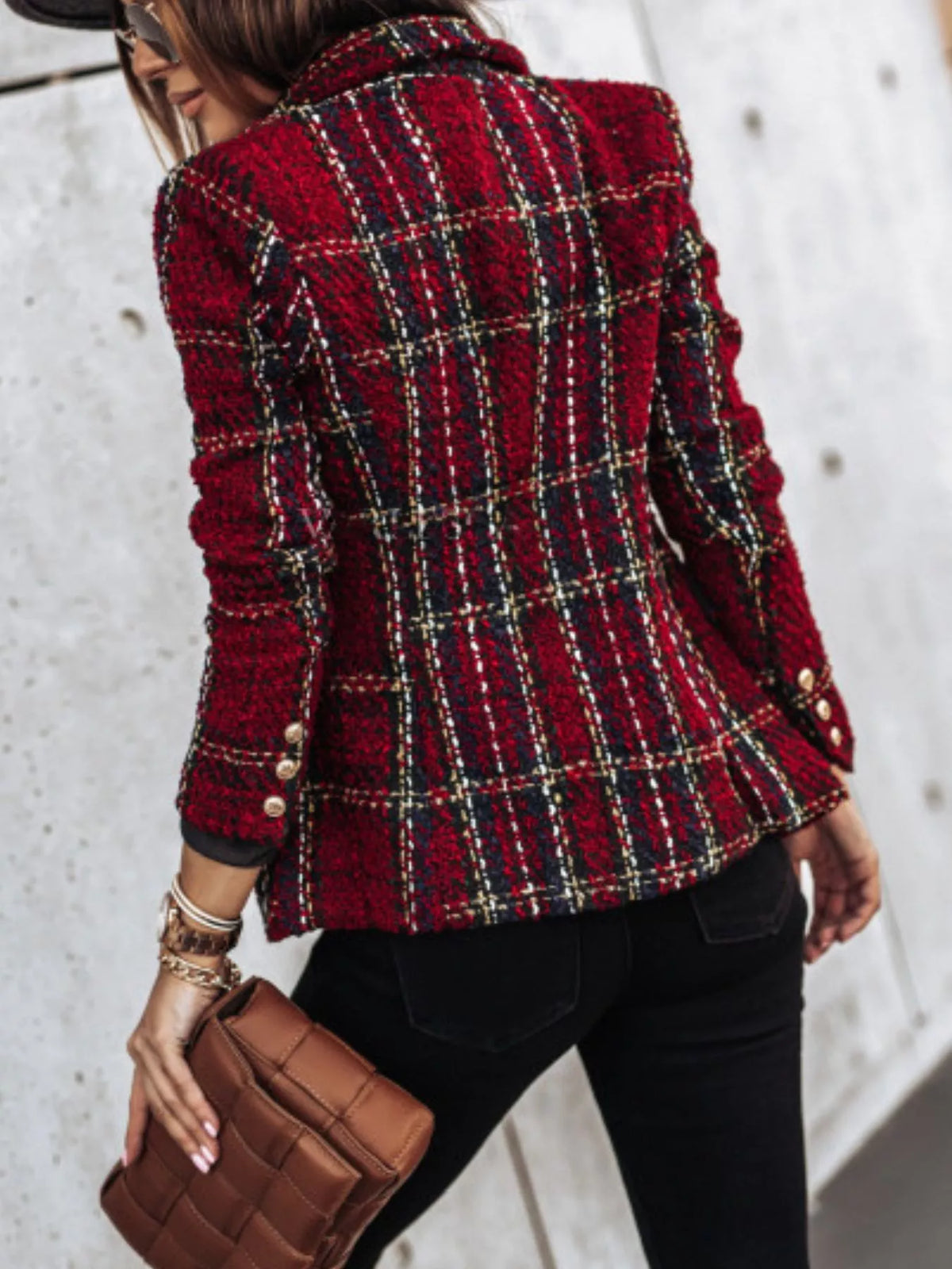 Full Size Plaid Tweed Double-breasted Blazer Plus (3)
