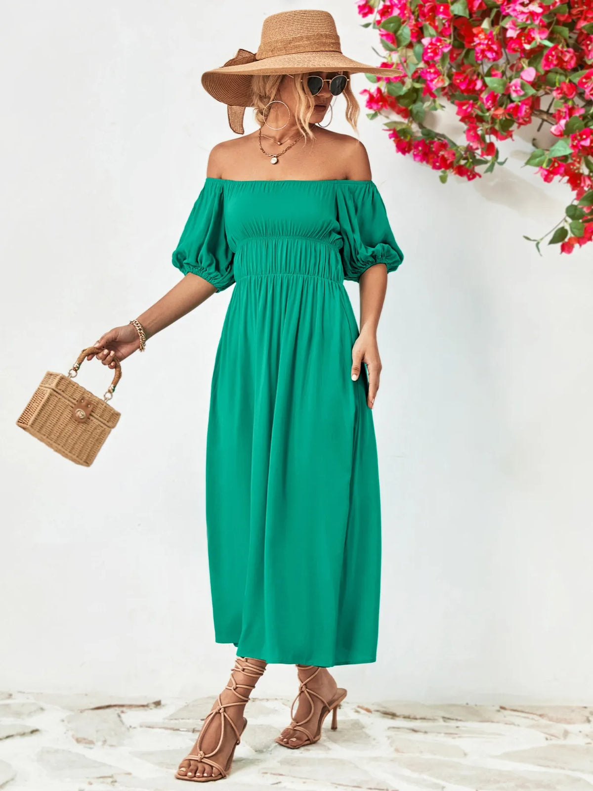 Off-shoulder Puff Sleeve Smocked Maxi Dress (4)